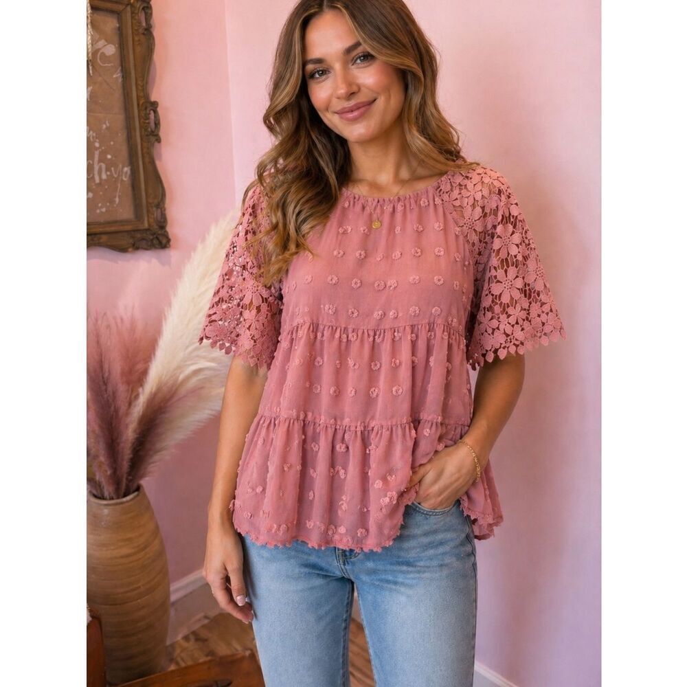 Boho Chic Lace Sleeve Tiered Blouse - Dusty Rose